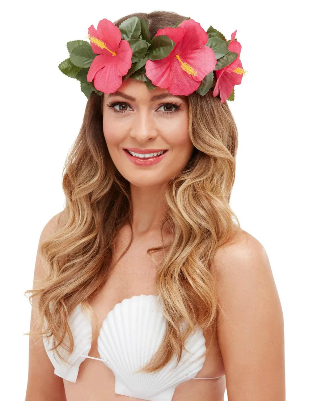 Vorderansicht der Krone und des Muschel-BHs des accessoires-Set Luau Tiki Hawaii