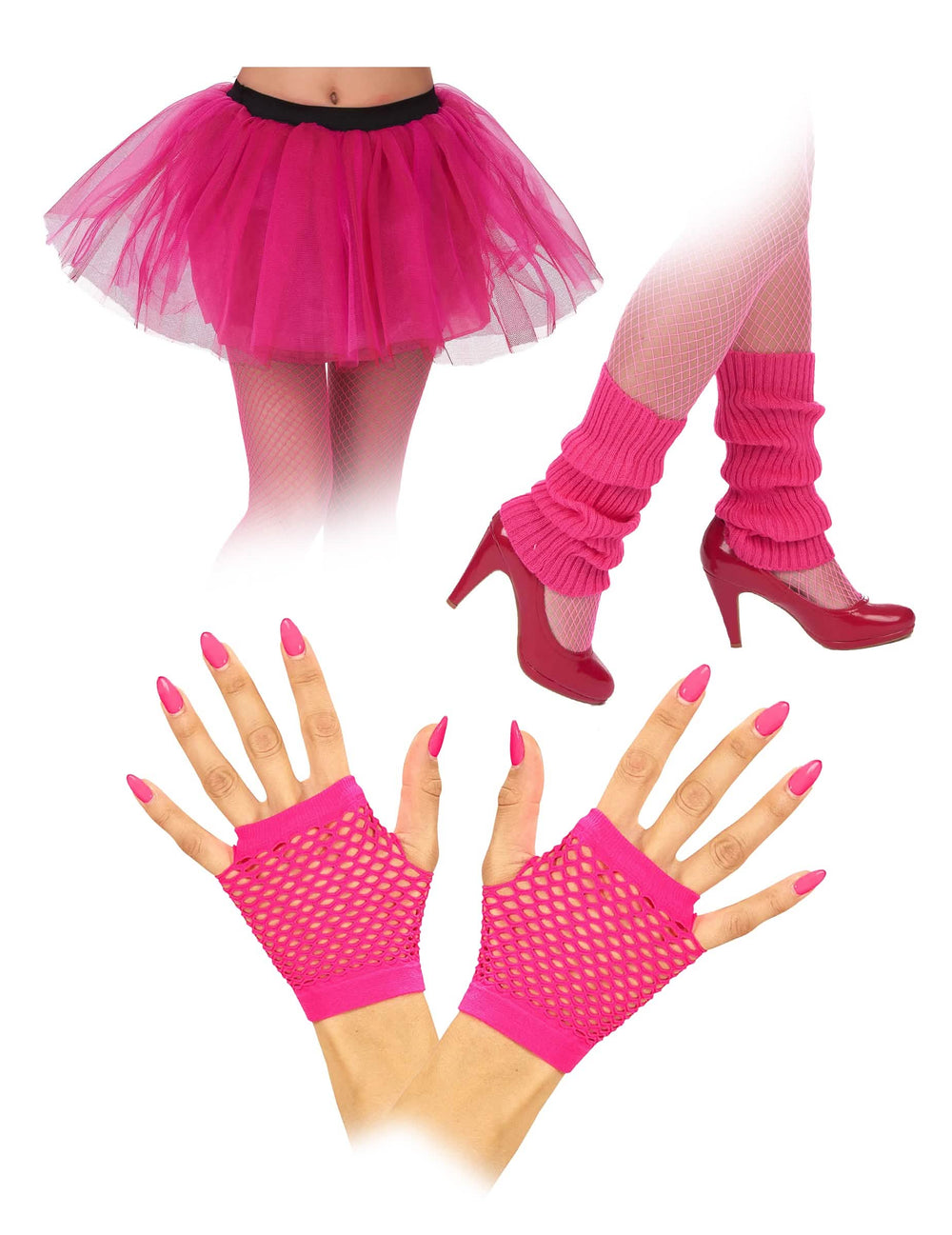 Zubehör-Set aus den 80ern für Erwachsene Neon Rosa, Pink mit Tutu, Beinstulpen und fingerlosen Handschuhen