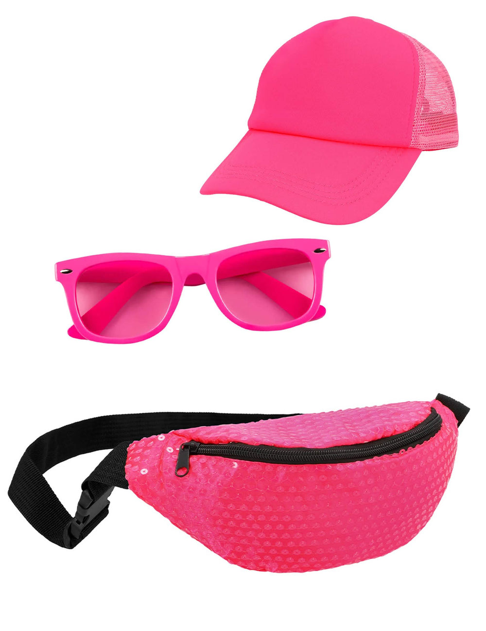 Kit accessoires rose fluo pour adulte avec casquette lunettes et sac banane à paillettes