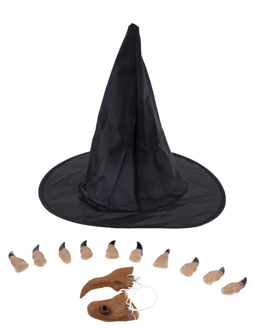 Hexen-Accessoire-Set für Damen Schwarz mit Hut, künstlichen Fingern und Hakennase