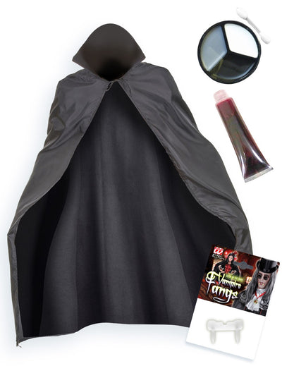 Kit accessoires de vampire pour adulte noir avec cape, maquillage et dents de vampire