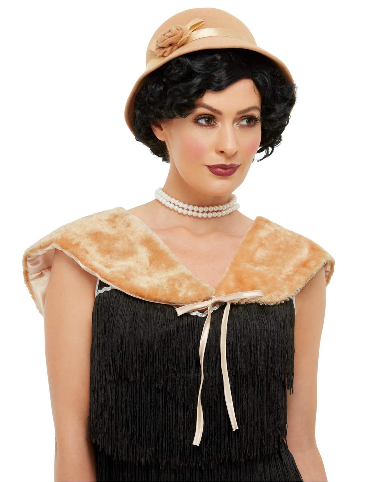20er-Jahre-Set für Damen Beige mit Glockenhut und Stola aus Kunstpelz