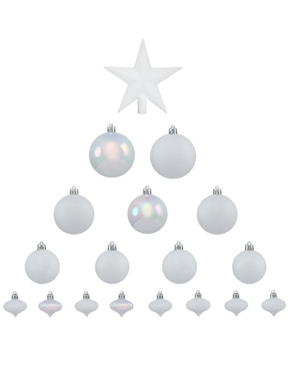 Vue d'ensemble du contenu du kit décorations de sapin blanc pour fête
