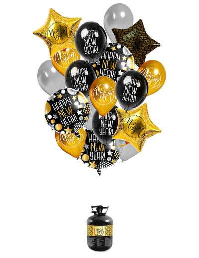 Silvester Folienballon-Set 18-teilig Happy New Year gold-scharz-weiss