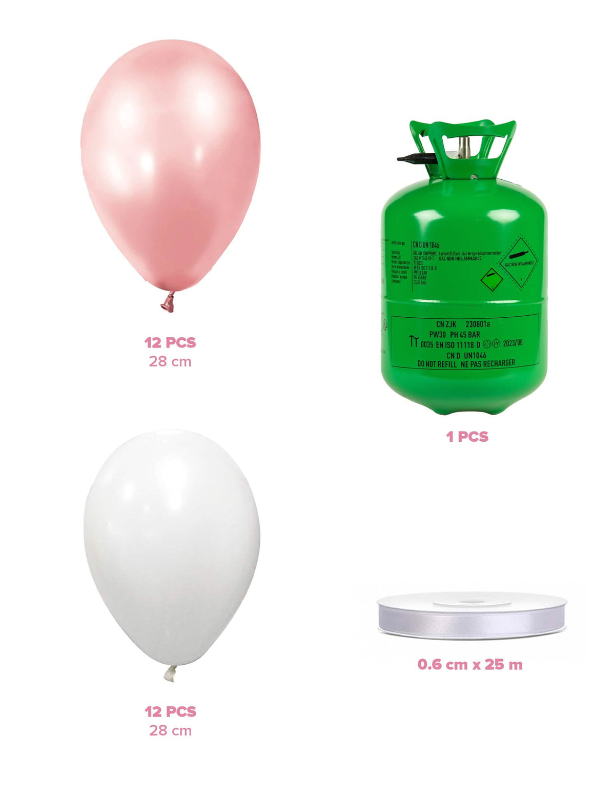 Heliumflaschen-Set mit 24 Ballons roségold-weiß