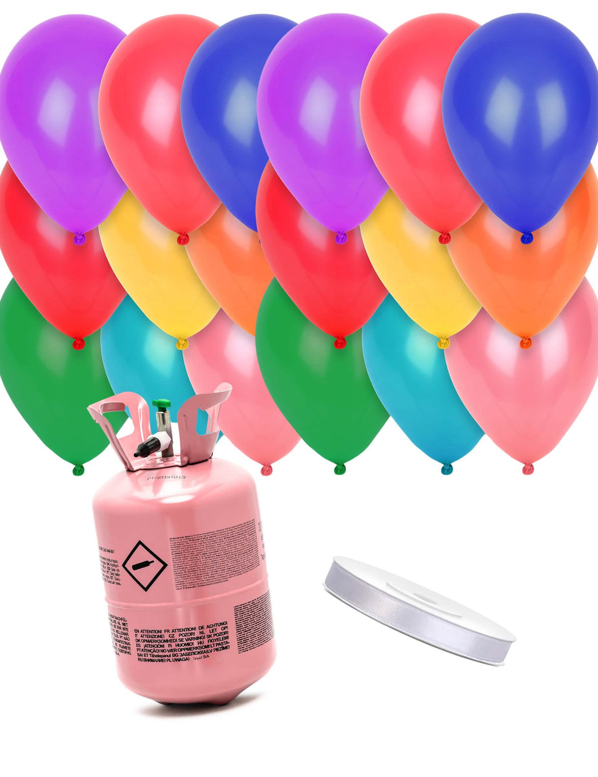 Heliumflaschen-Set mit 24 bunten Ballons und Band