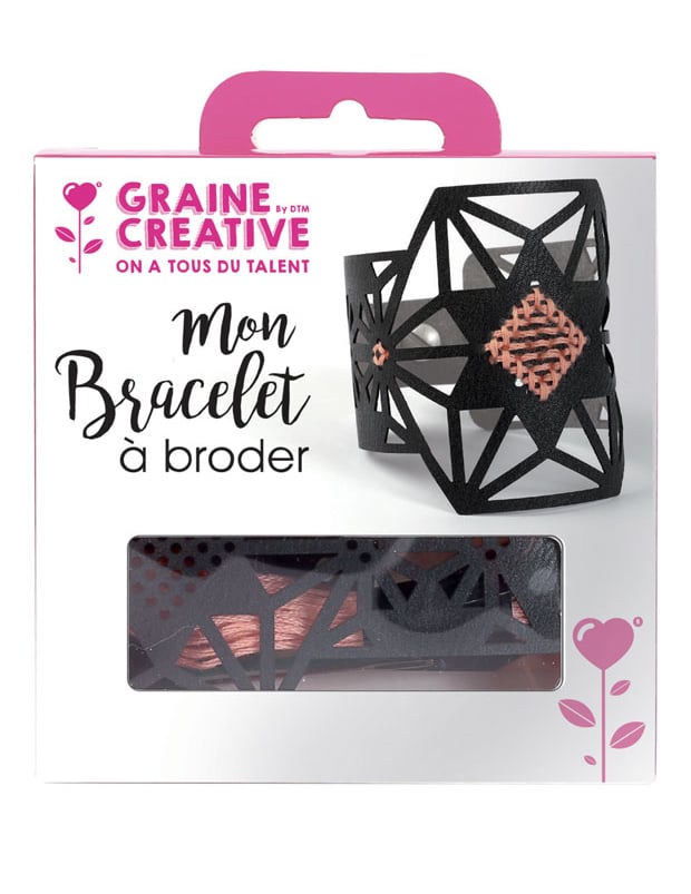 Kit bracelet à broder motif étoile cuir noir et fil rose