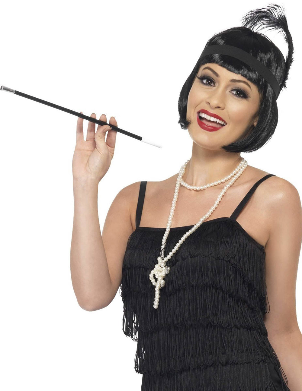 Kit cabaret pour femme noir avec bandeau à plume et collier de perles