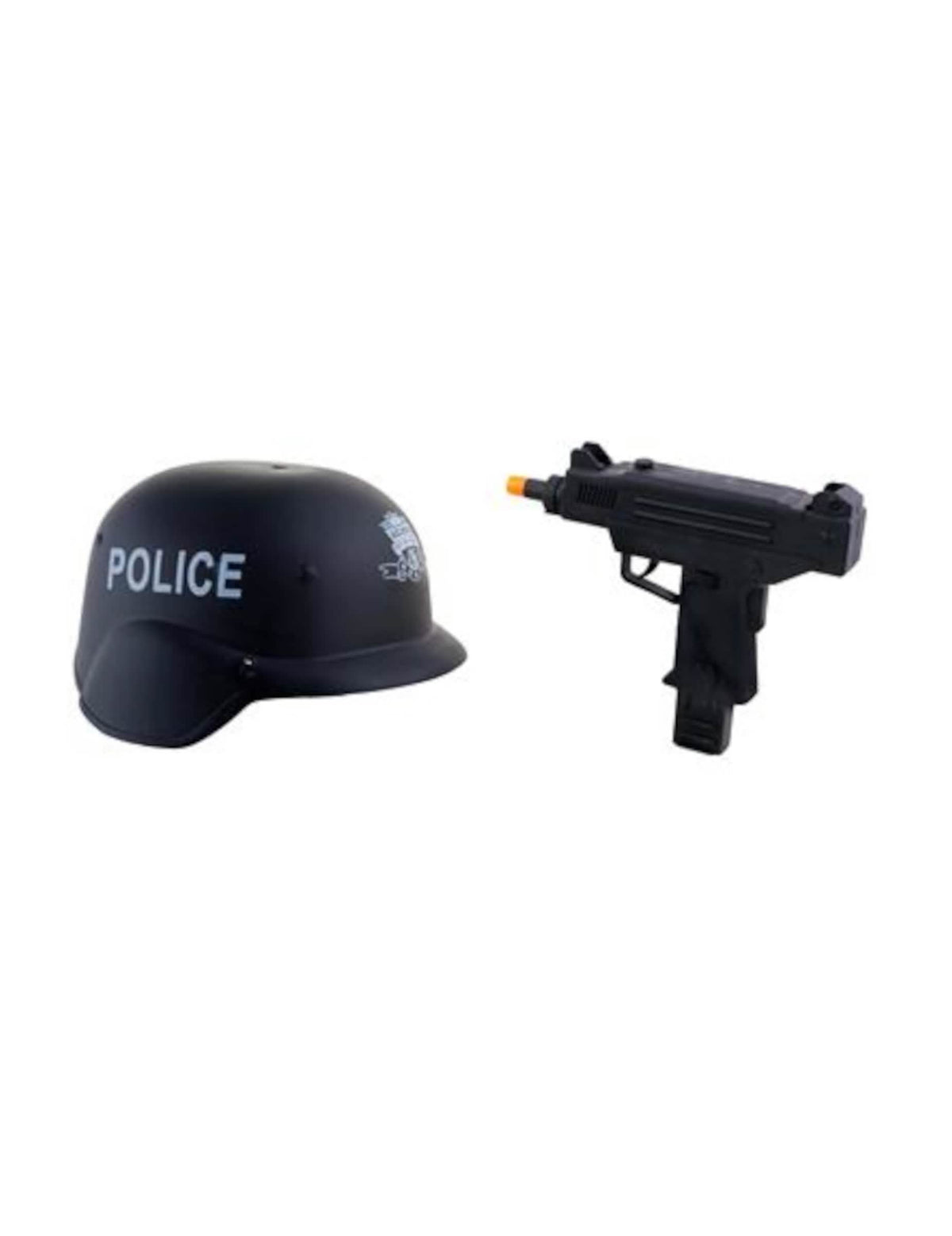Polizeikopfbedeckungsset und Schwarz Plastiks-Maschinengewehr
