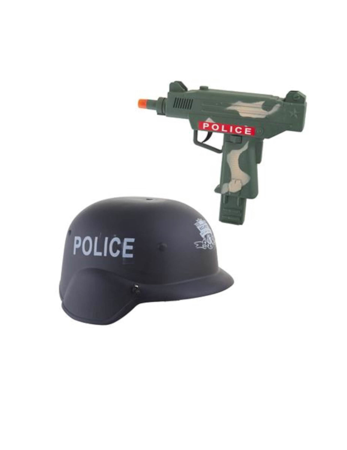 Schwarzer Helm und Tarn-Maschinengewehr aus dem Polizei-Helm-und-Maschinengewehr-Set