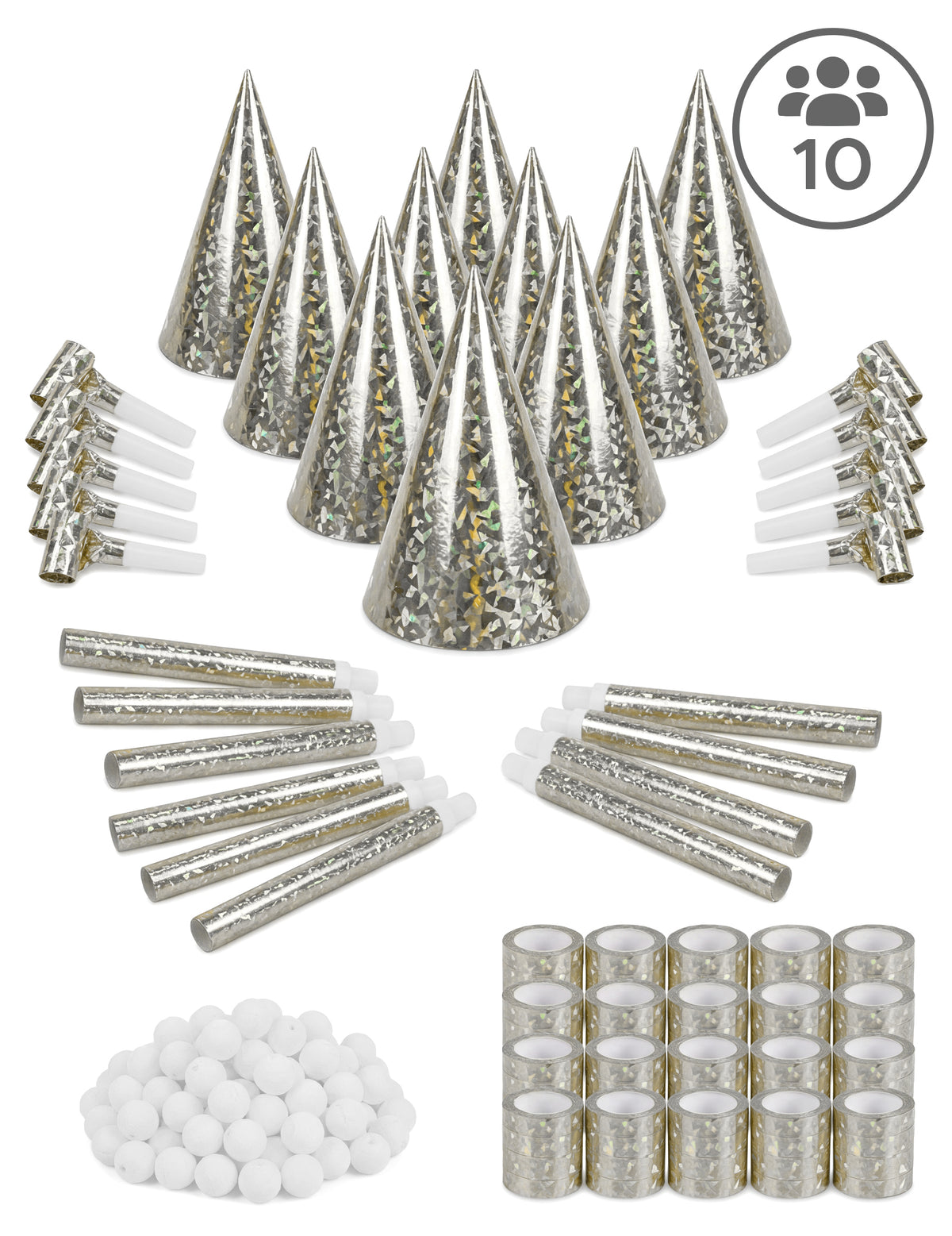 Kit cotillons argentés pour 10 personnes argenté et blanc