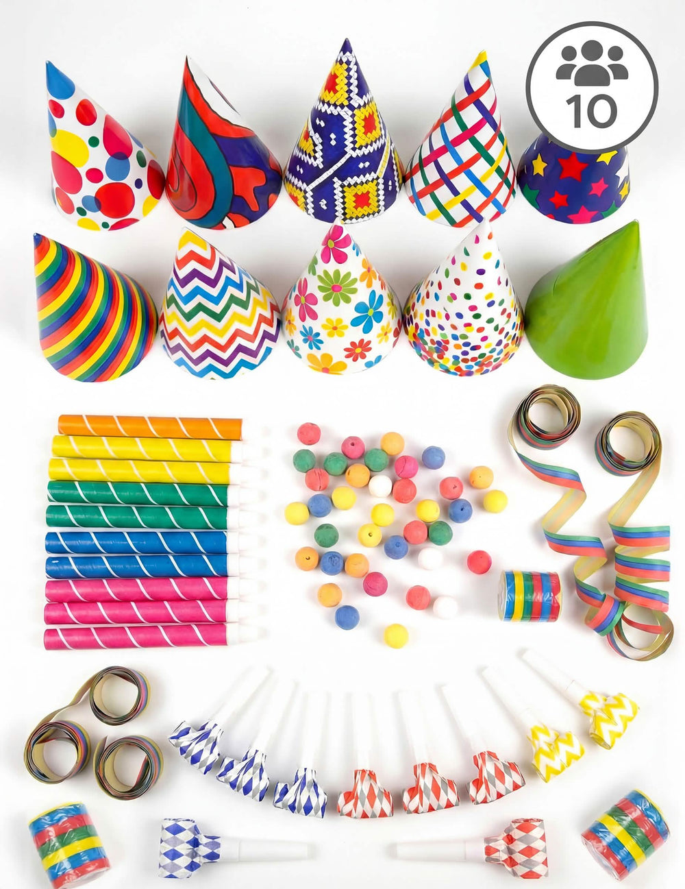 Kit cotillons multicolores pour 10 personnes avec chapeaux et sans-gênes variés