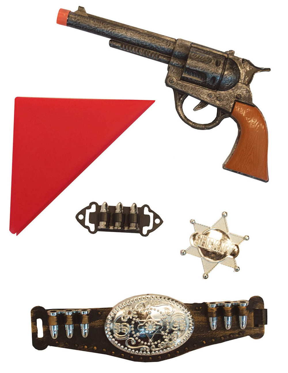5-teiliges Cowboy-Set für Kinder mit Schusswaffen, rotem Bandana und silbernem Sheriff-Stern