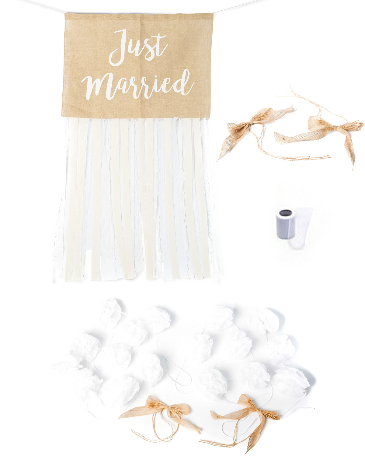 Kit Hochzeitsauto Jute und Spitze Landhausstil komplett Just Married