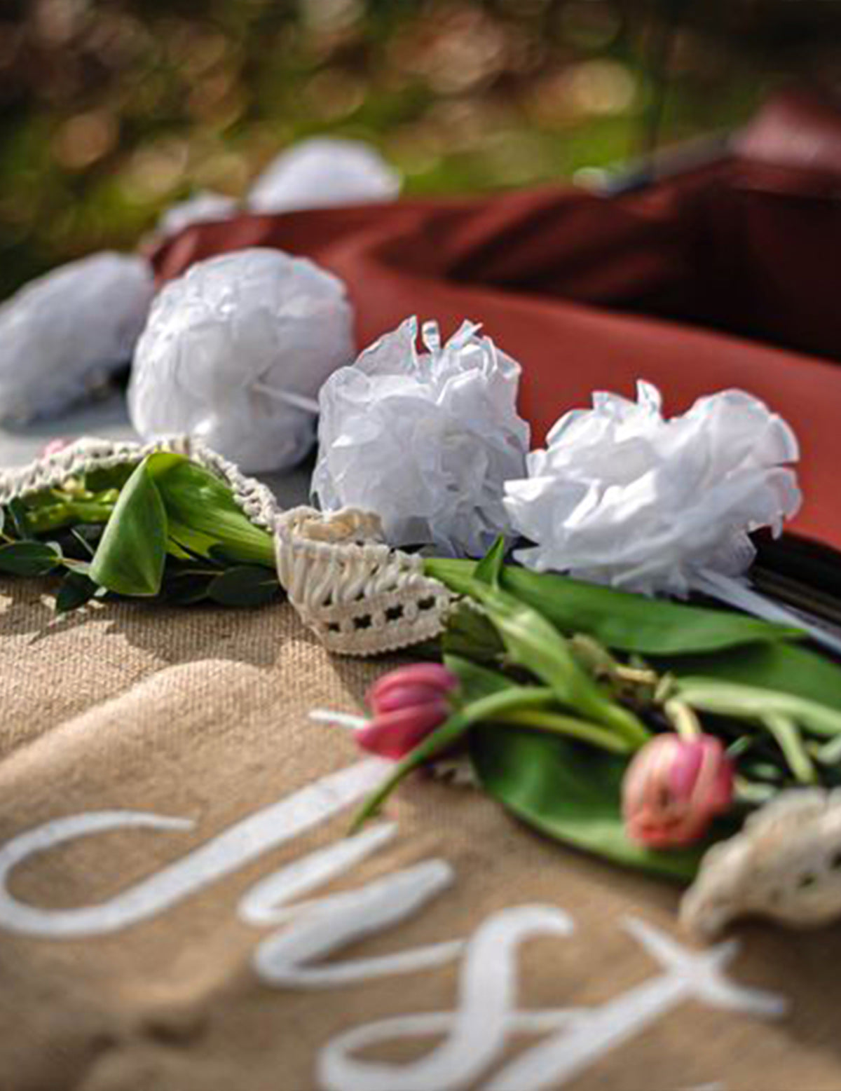 Kit Hochzeitsauto Jute und Spitze Landhausstil komplett Just Married