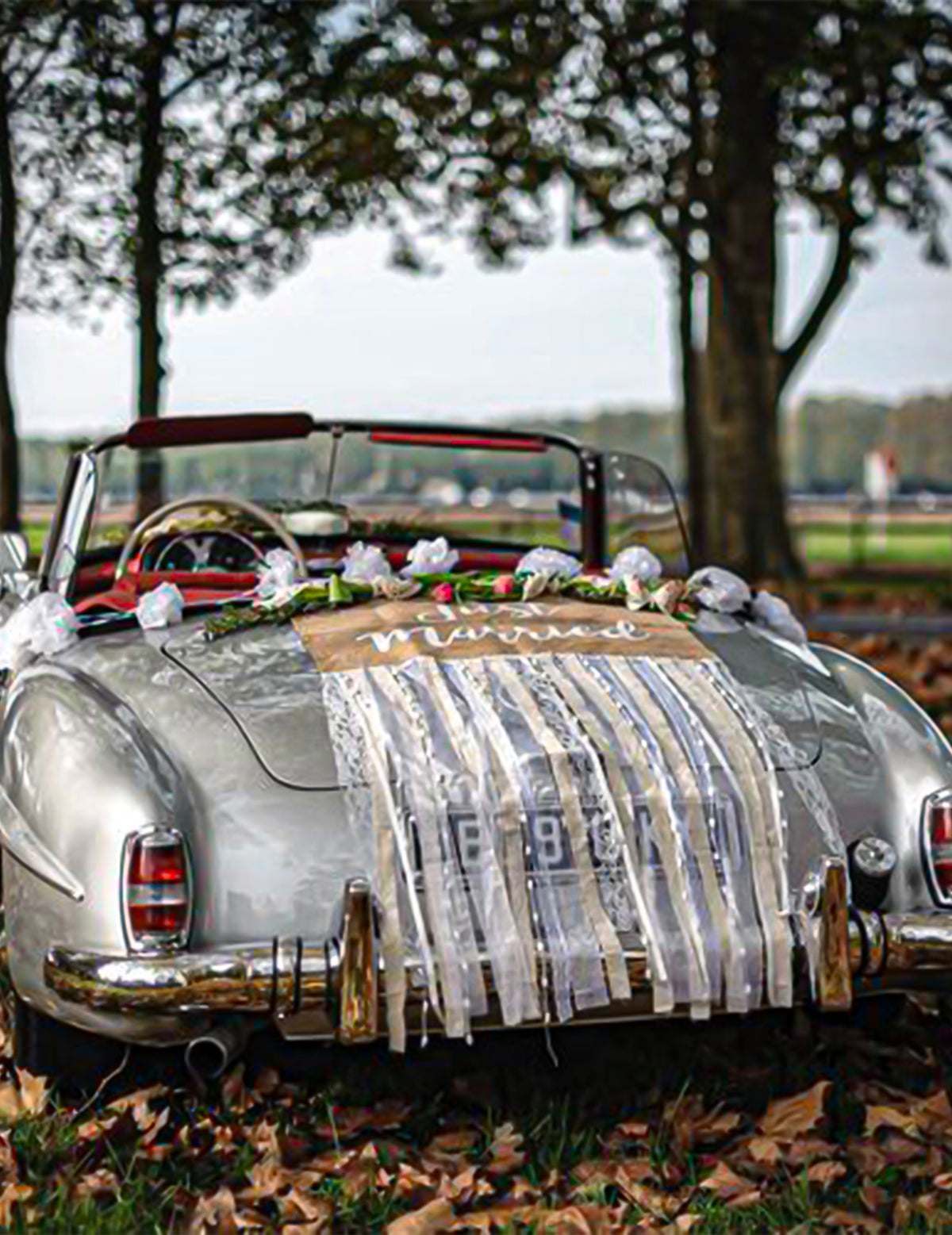 Kit Hochzeitsauto Jute und Spitze Landhausstil komplett Just Married