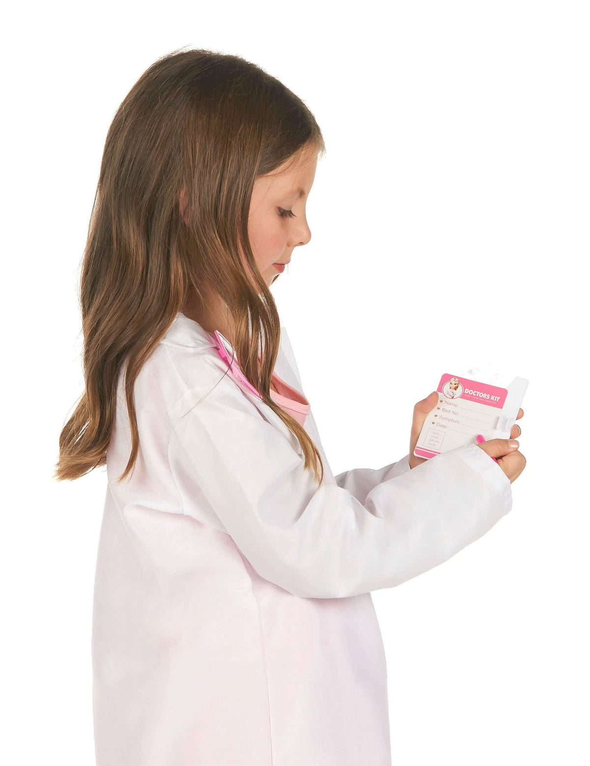 Seitenansicht der Bluse und des Gesundheitsformulars des rosa Kinder-Arztsets