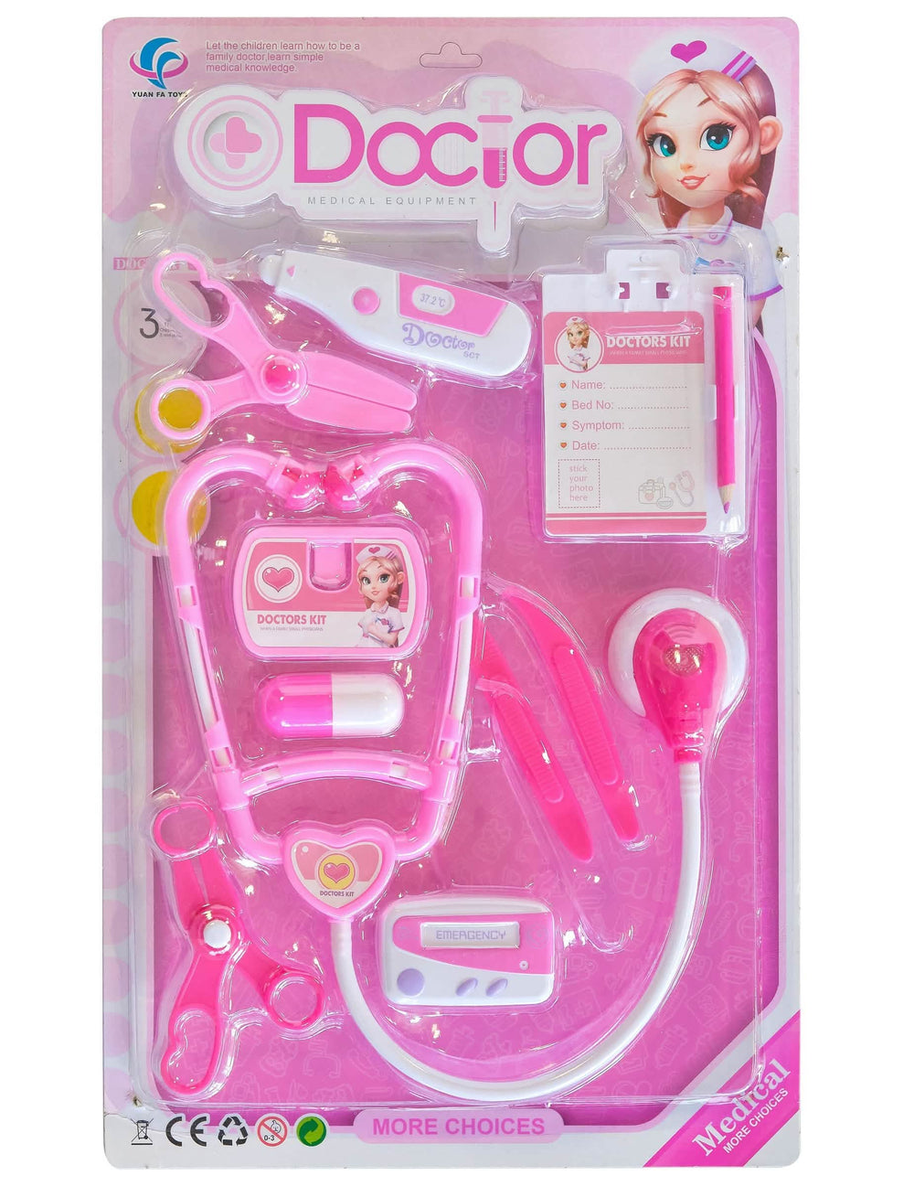 Überblick über die Verpackung des rosa Kinder-Doktorsets