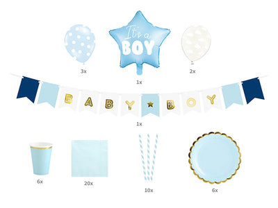 Kit décoration avec vaisselle baby shower pour garçon bleu et doré