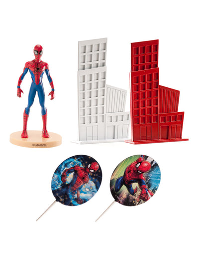 Spider-Man Tortendekorations-Set mit Figur und dekorativen roten und blauen Gebäuden