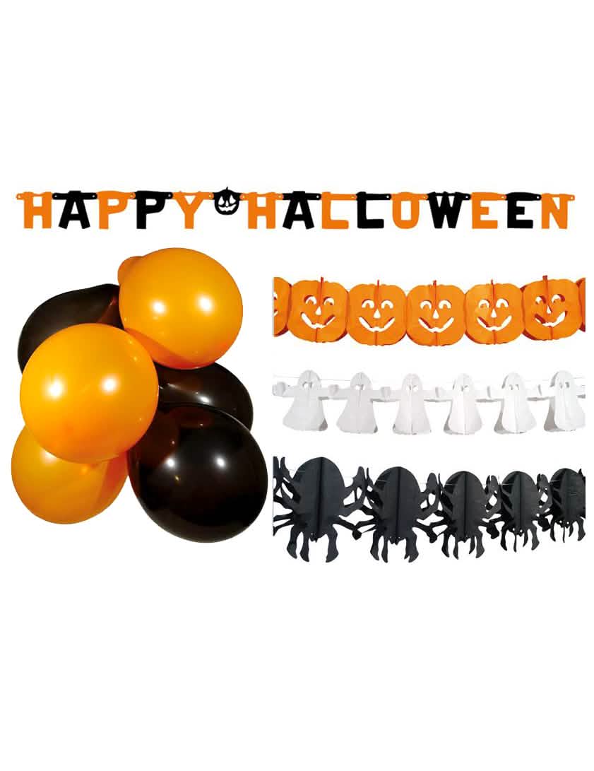 Halloween-Dekorationsset für die Party orange, Black and White mit Luftballons und Girlanden