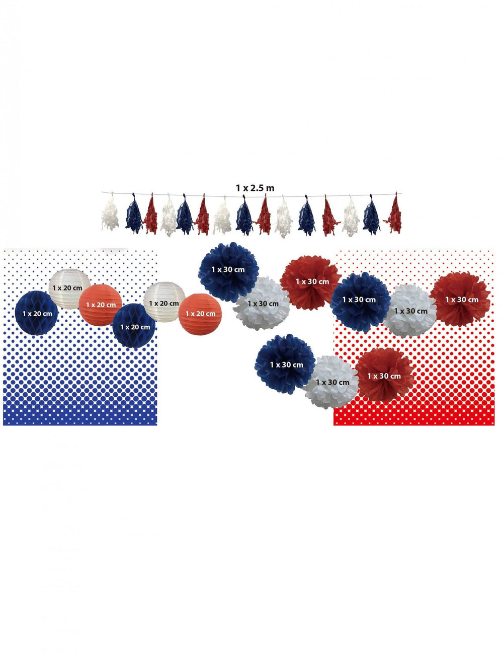 Dekorationsset Frankreich für supporter Blau Weiß Rot mit Lampions und Cheerleader Pompons