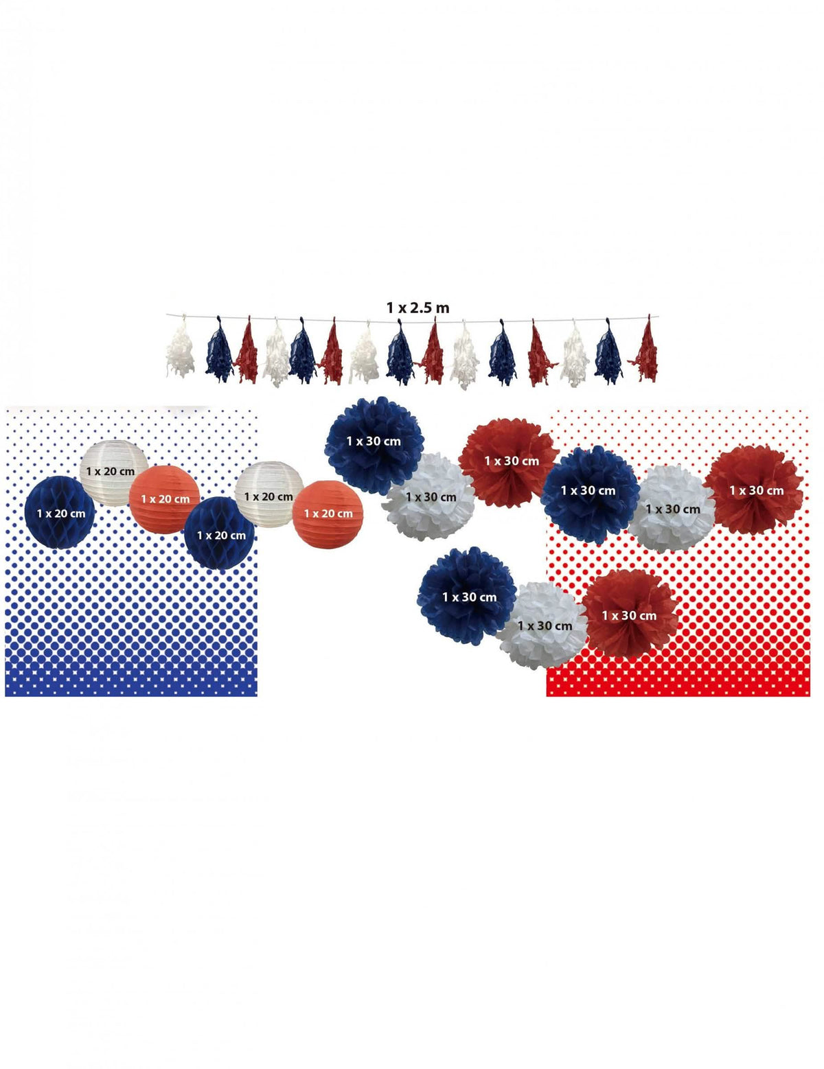 Dekorationsset Frankreich für supporter Blau Weiß Rot mit Lampions und Cheerleader Pompons