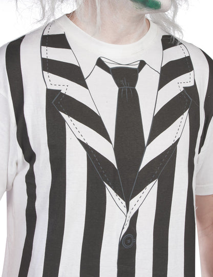 Détail de l'imprimé veste et cravate du kit déguisement et perruque Beetlejuice
