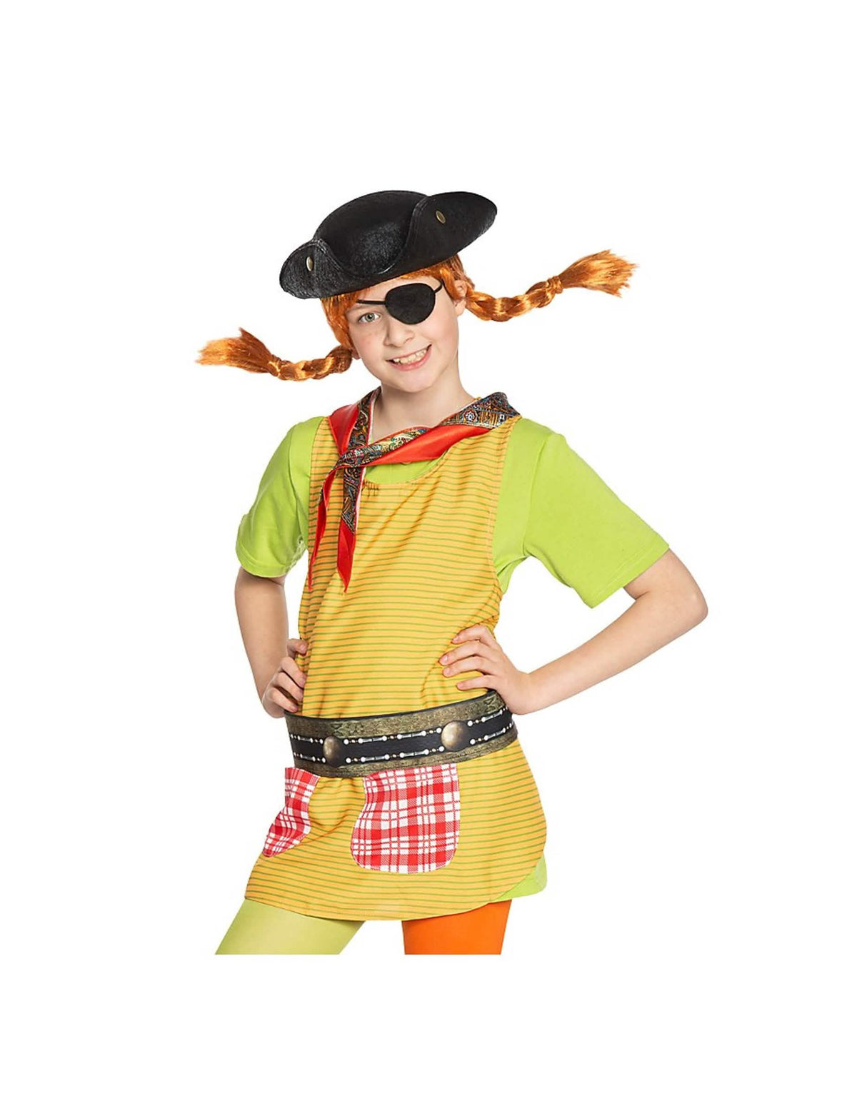 Kit zum Verkleiden als Pippi Langstrumpf-Piratin für Mädchen Gelb und Grün mit Dreispitz und Augenklappe