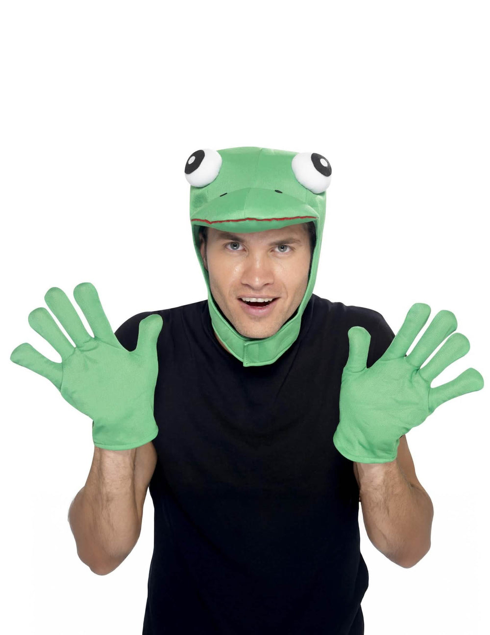 Vorderansicht der Sturmhaube und der Handschuhe des Frosch-Kits für Erwachsene