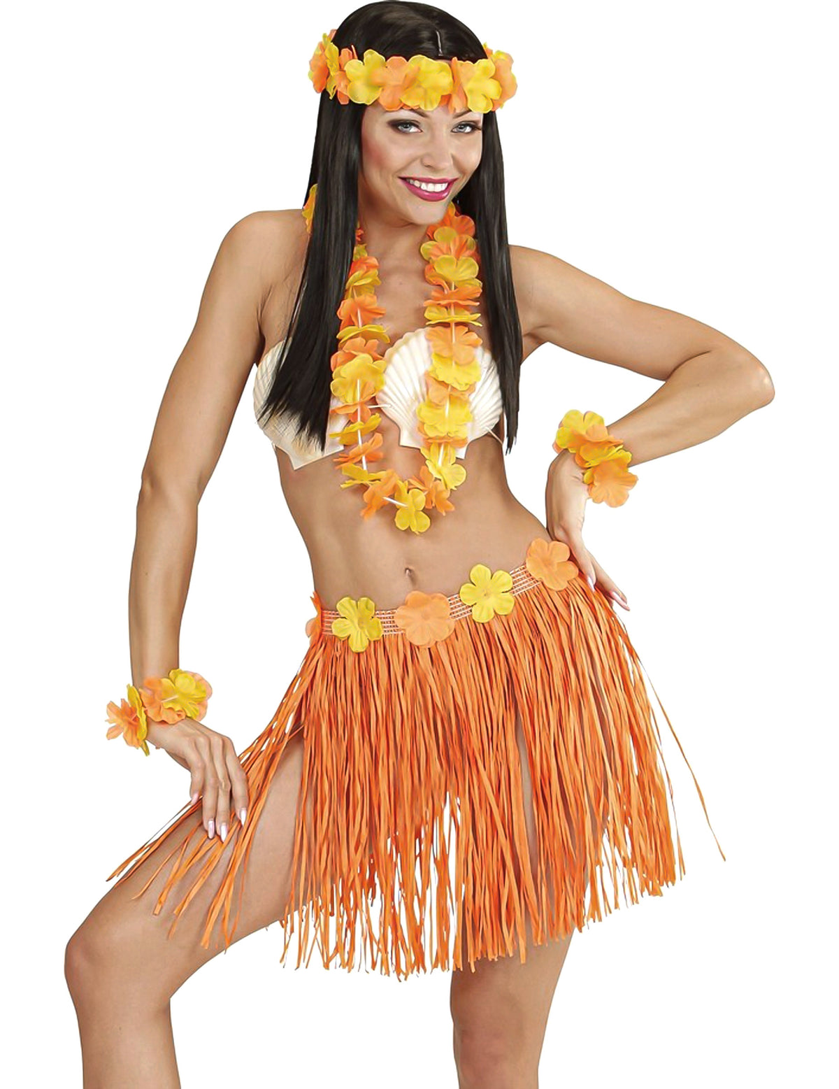 Kit hawaïen pour adulte orange et jaune avec jupe et accessoires de fleurs
