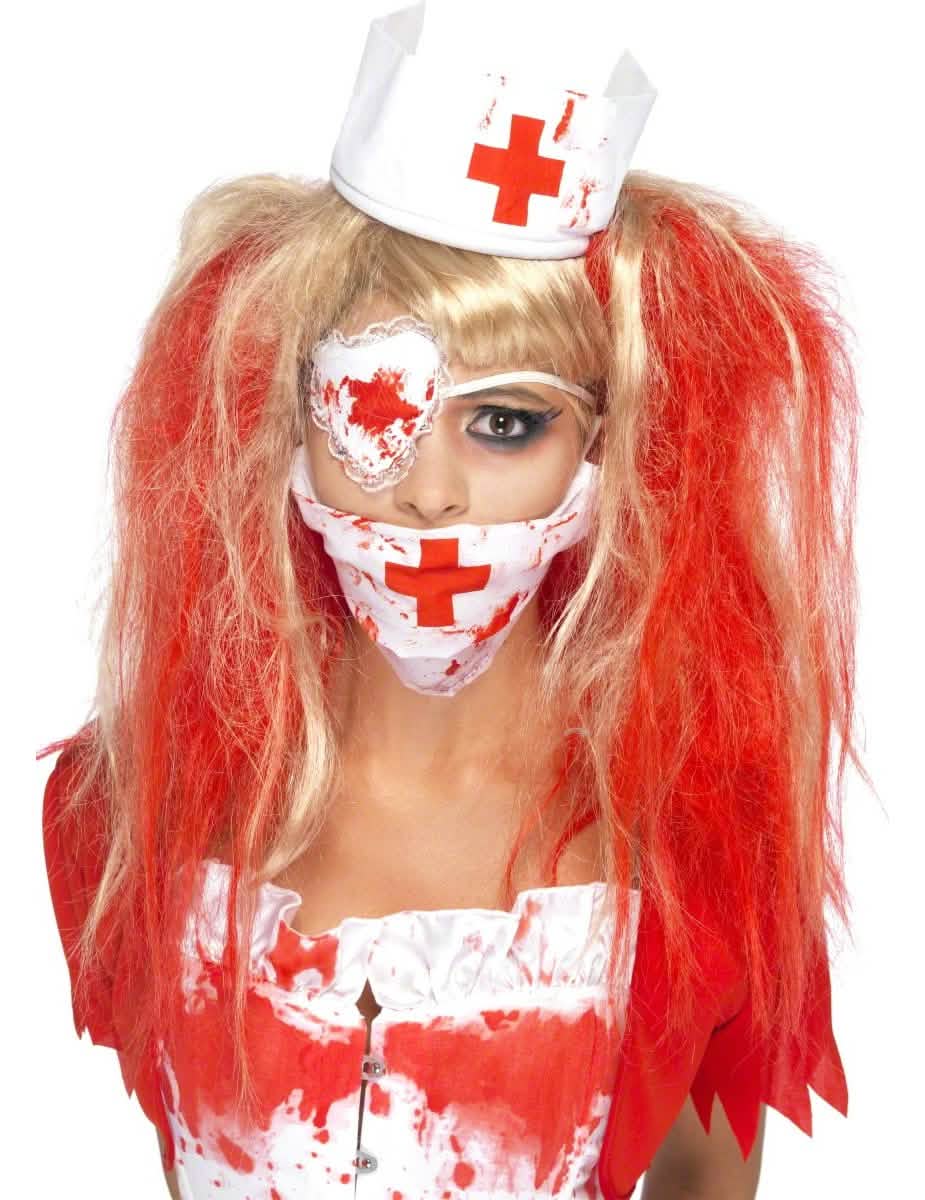 Kit infirmière ensanglantée pour femme blanc et rouge avec masque et cache-œil