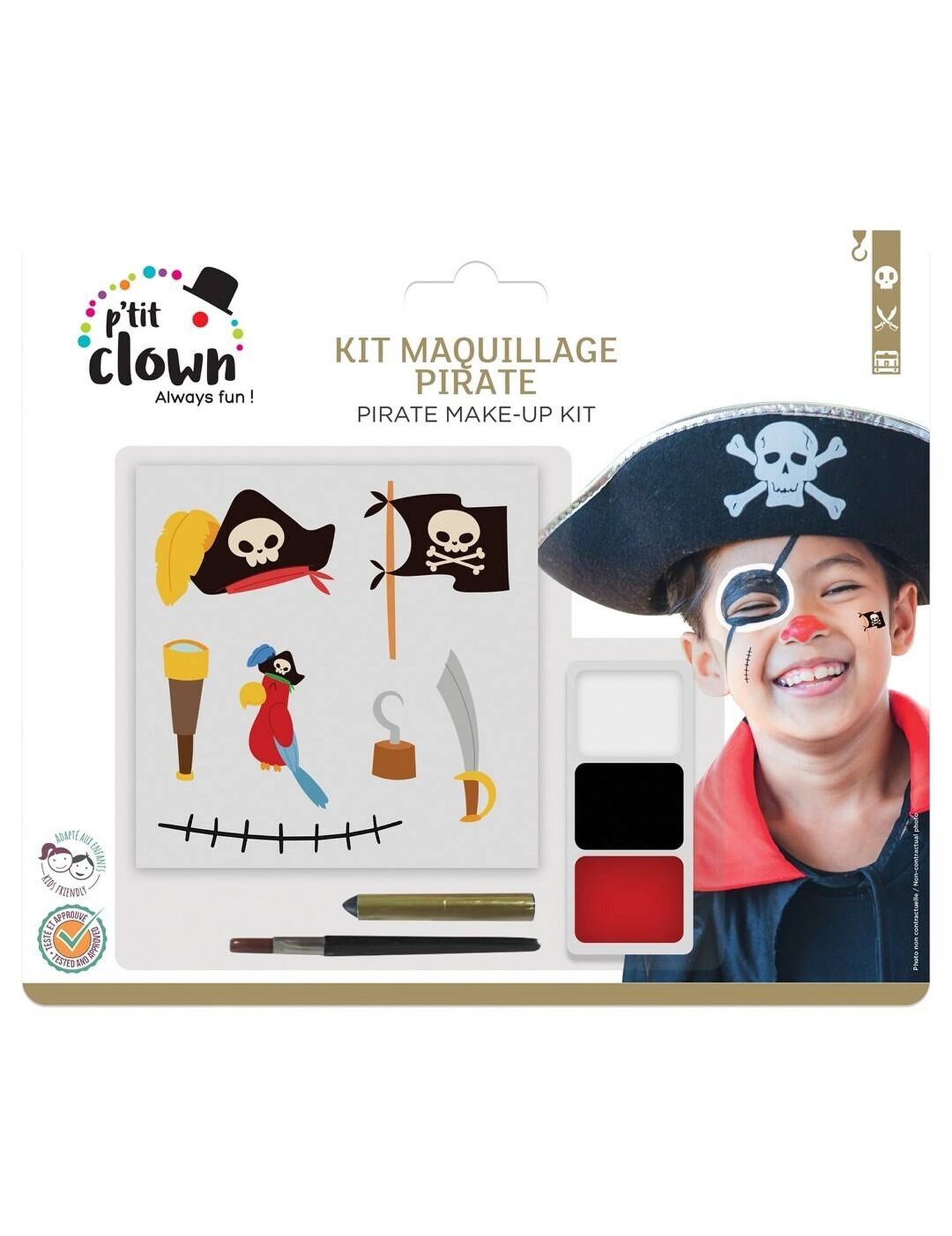 Kit maquillage avec tatouages pirate pour enfant blanc noir et rouge