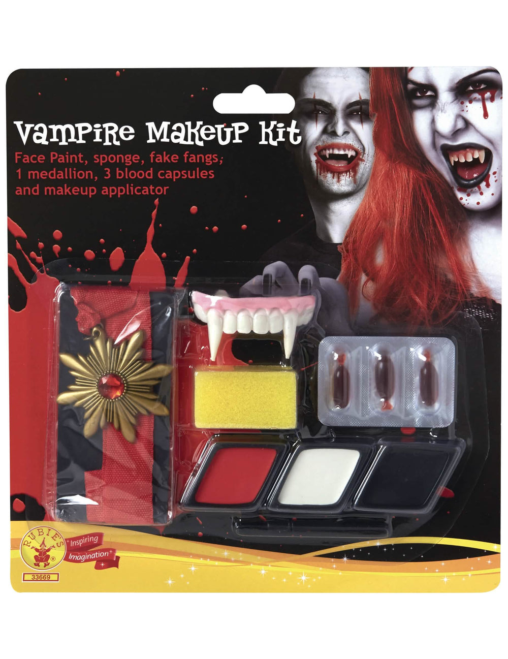 Schminke- und accessoires-Vampirset für Erwachsene Rot Weiß und Schwarz mit Medaillon und falschen Vampirzähnen