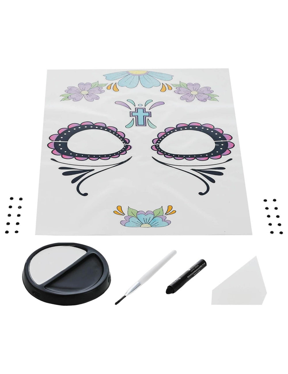 Vue d'ensemble du contenu du kit maquillage Dia de los muertos pour femme fleurs bleues