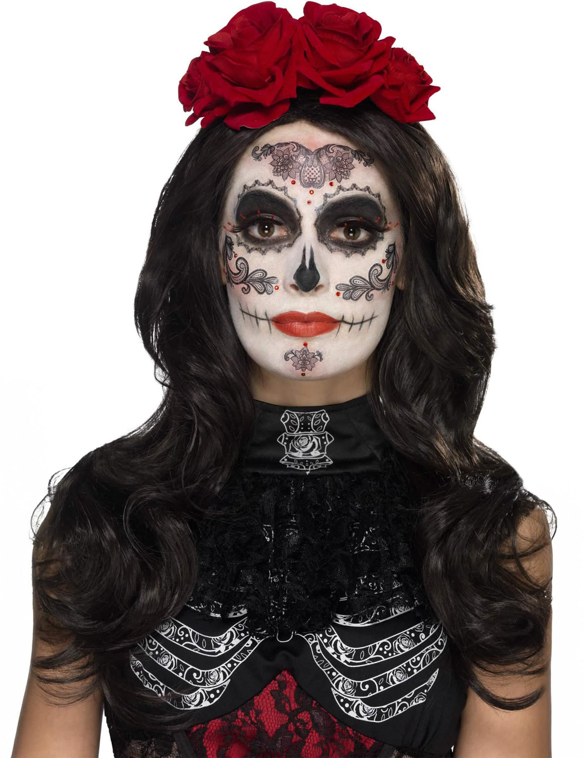 Kit maquillage glamour avec faux cils et bijoux Dia de los muertos pour femme avec roses rouges et motifs noirs