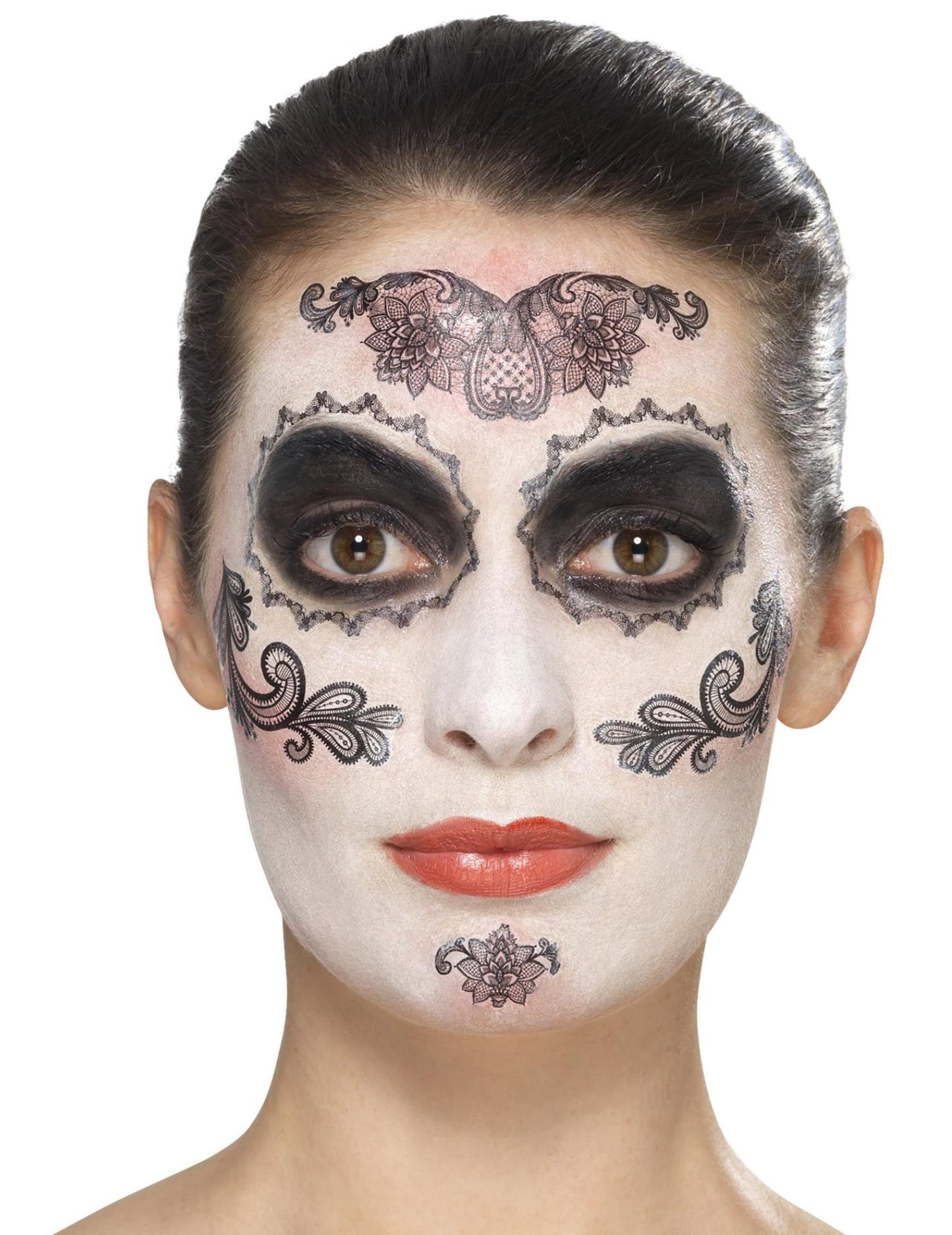 Transferts de visage à motifs dentelle du kit maquillage glamour avec faux cils et bijoux Dia de los muertos