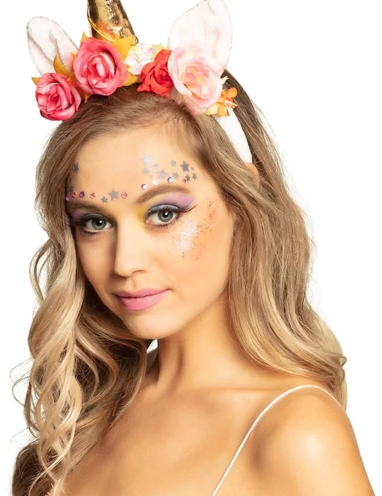 Einhorn-Schminke-Set für Erwachsene mit Blumen-Stirnband und goldenem Horn