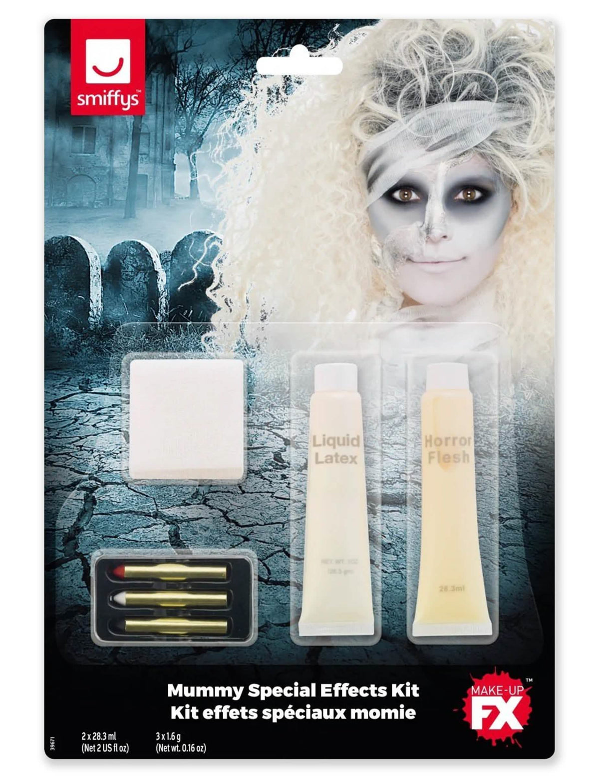 Verpackung und Inhalt des Mumien-Schminke-Kits