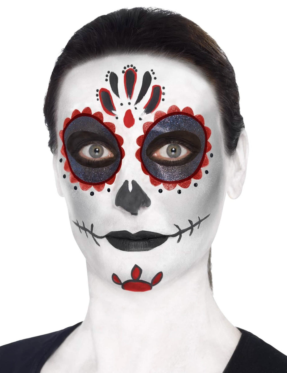 Vue de face du maquillage du kit maquillage squelette coloré