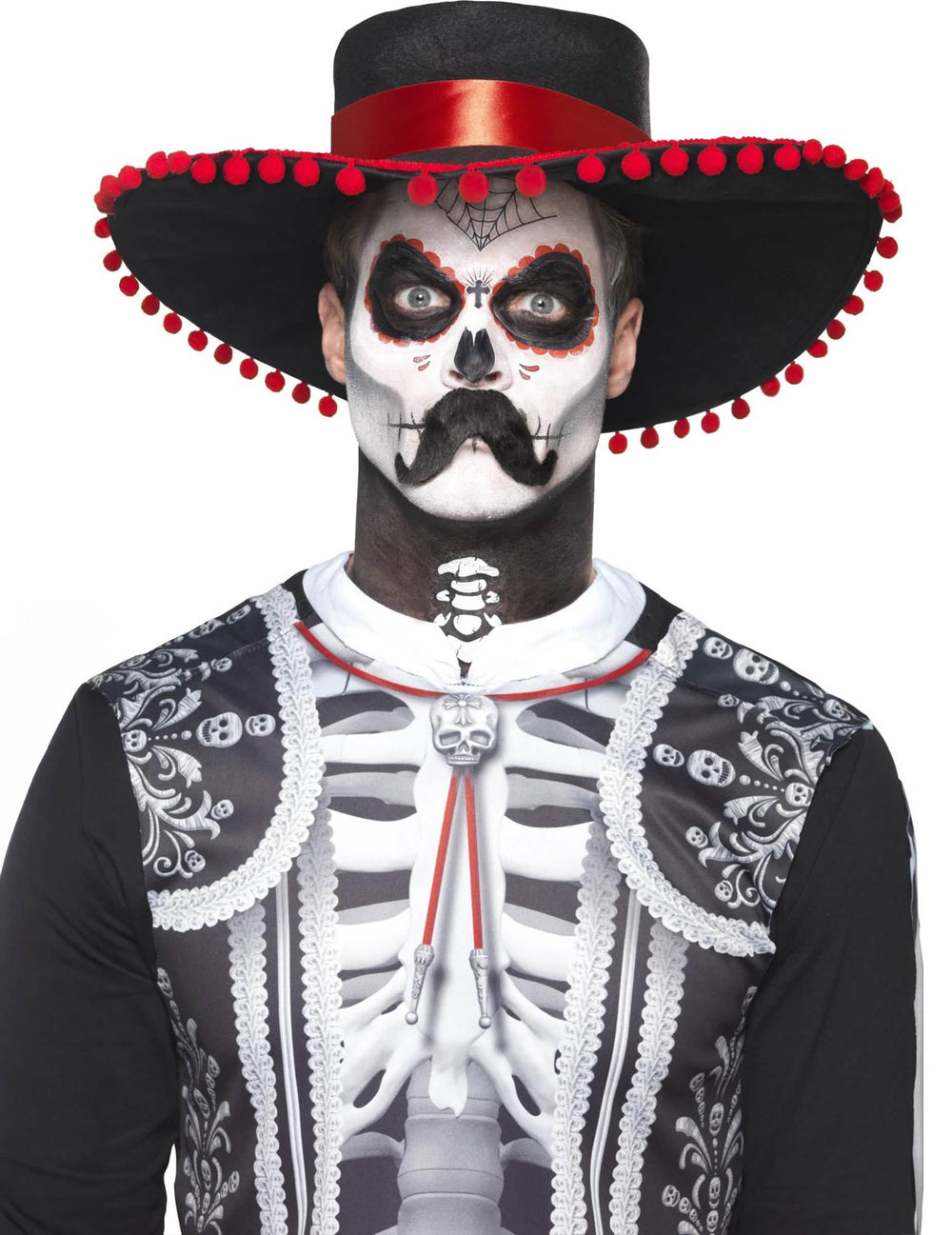 Skelett-Schminkset Dia de los muertos für Erwachsene schwarz und weiß mit Sombrero mit roten Cheerleader Pompons