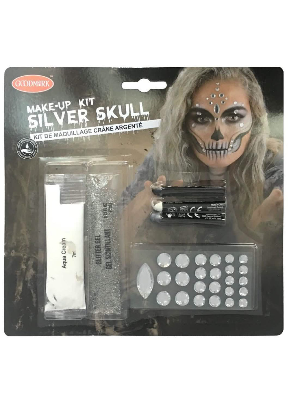 Nahaufnahme des geschminkten Gesichts des Sexy Skelett-Schminke-Sets für Erwachsene Farbe Silber
