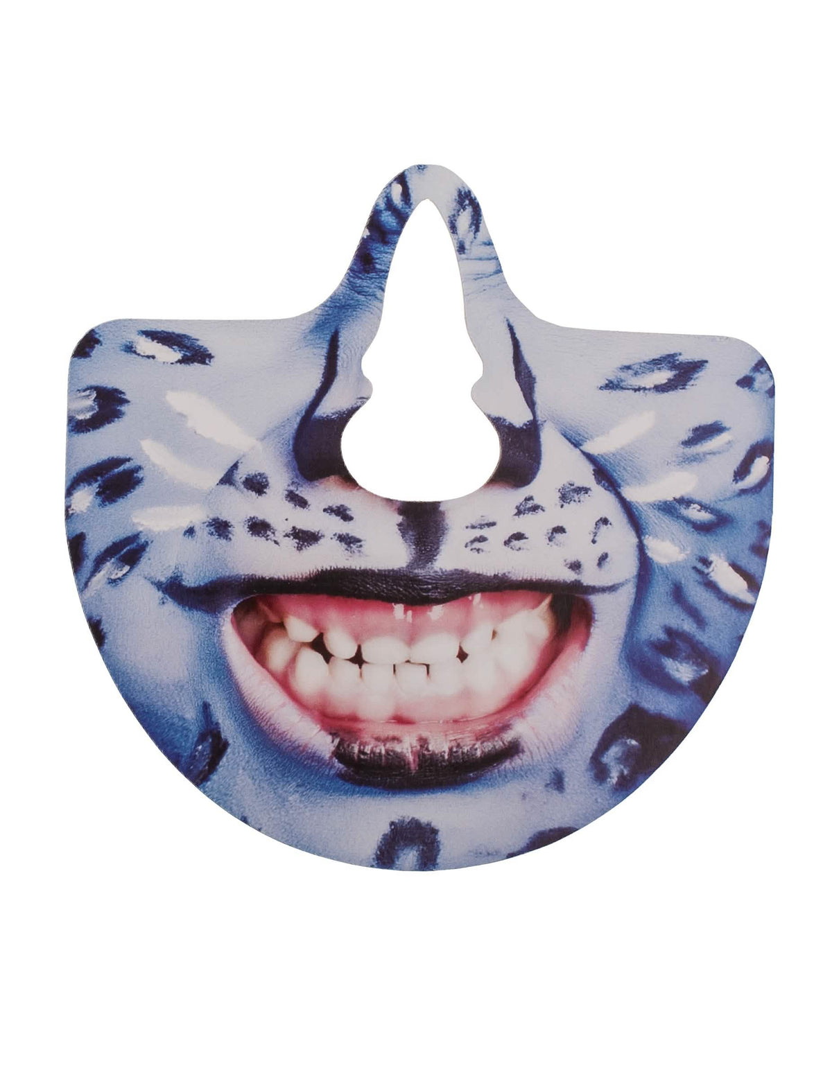 Détail d'un accessoire de bouche léopard bleu avec moustaches du kit photobooth bouches humoristiques