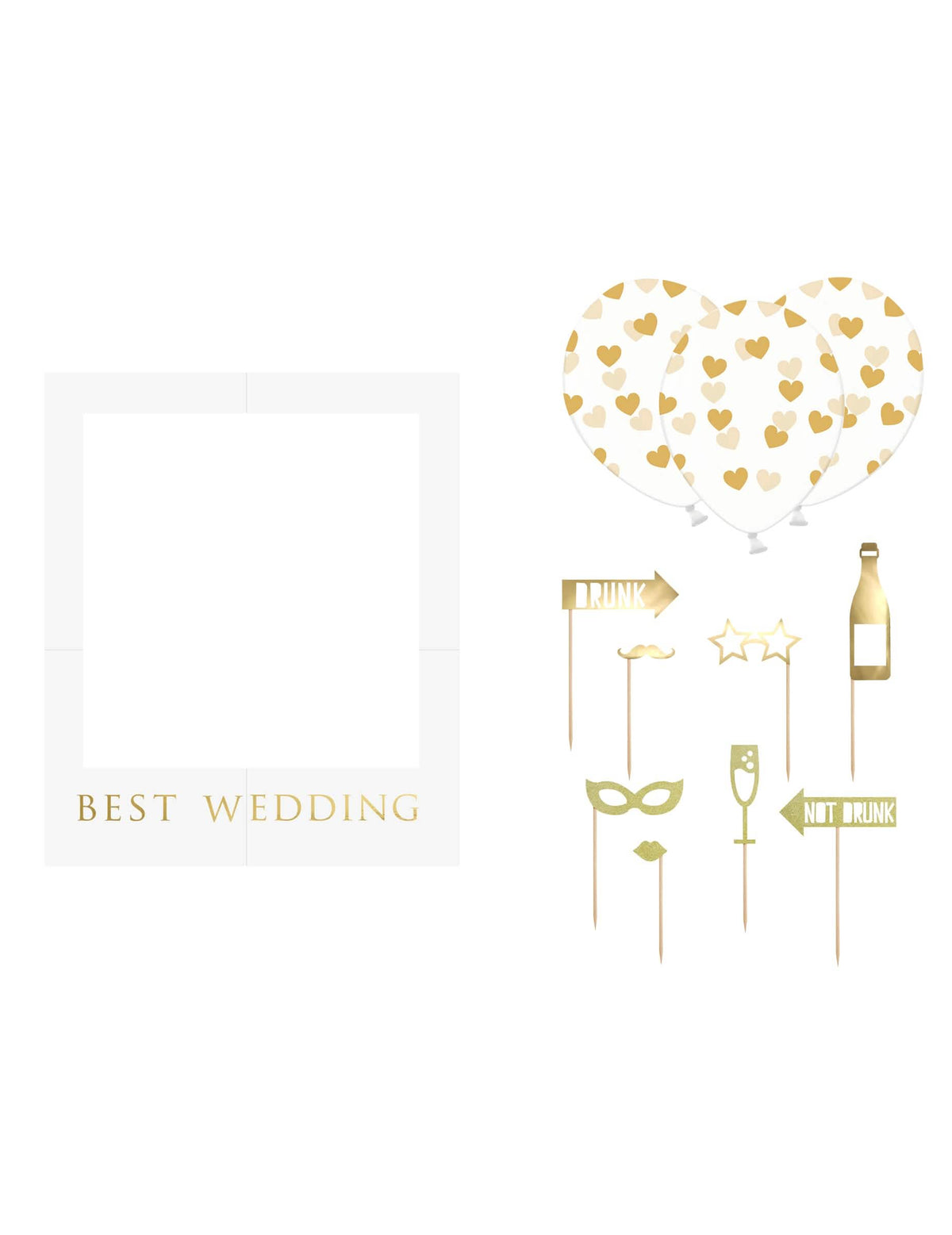 Kit photobooth de mariage pour invités blanc et or avec cadre et ballons