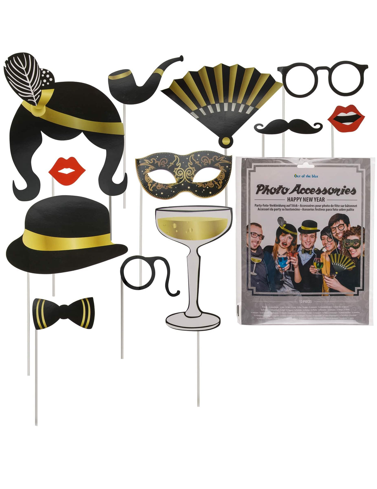 Kit photobooth de Nouvel An pour adulte noir et doré 12 pièces