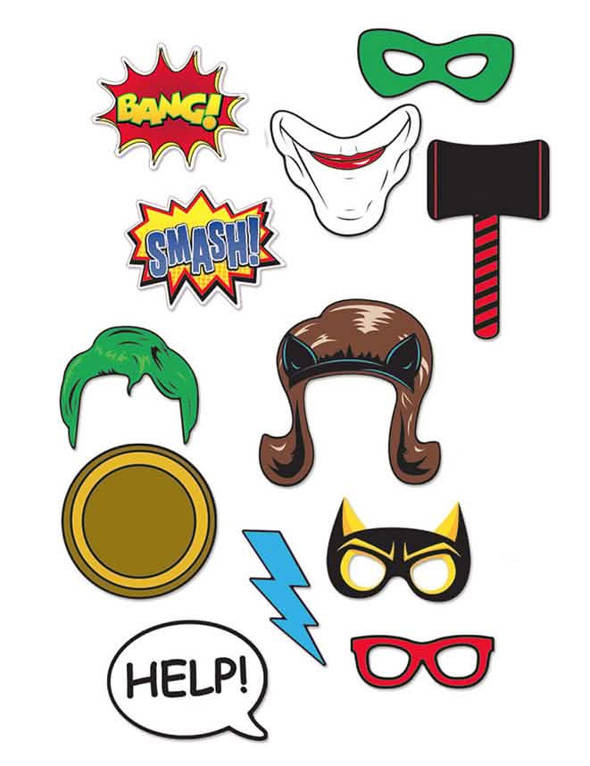 Detail der accessoires des Photobooth-Kits 12-teilig Superhelden