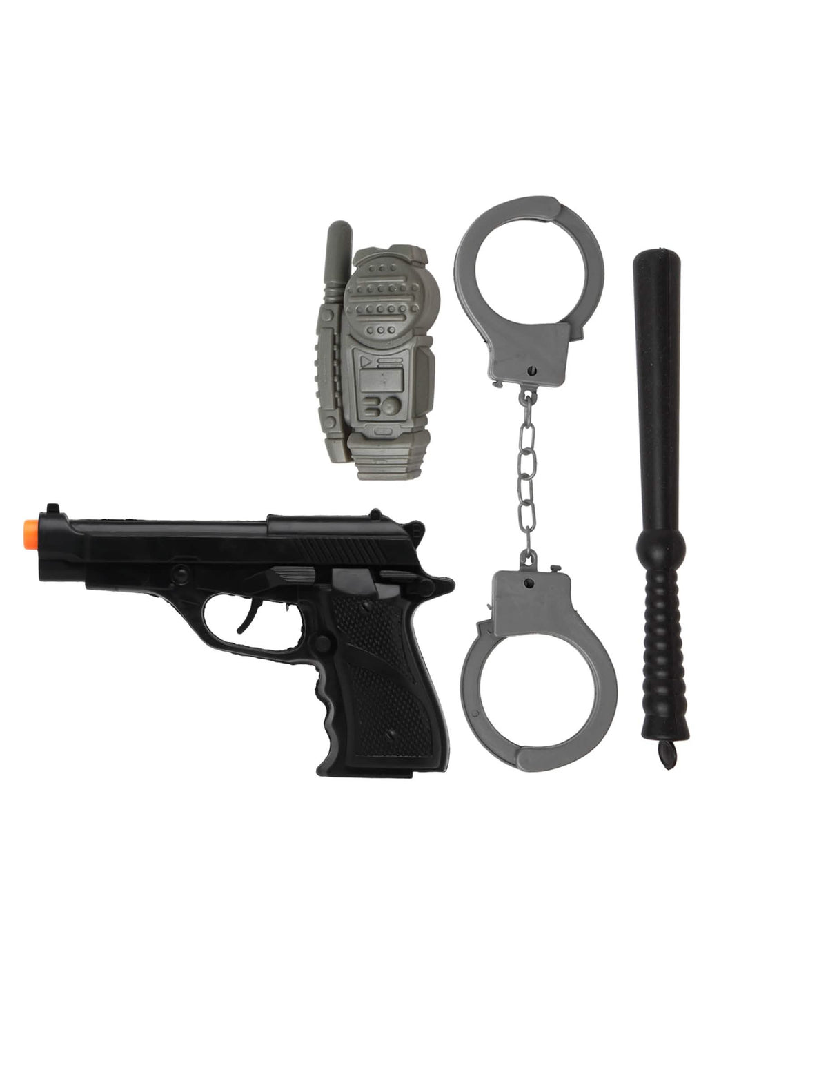 Détail du pistolet, talkie-walkie, menottes et matraque du kit d'accessoires de policier
