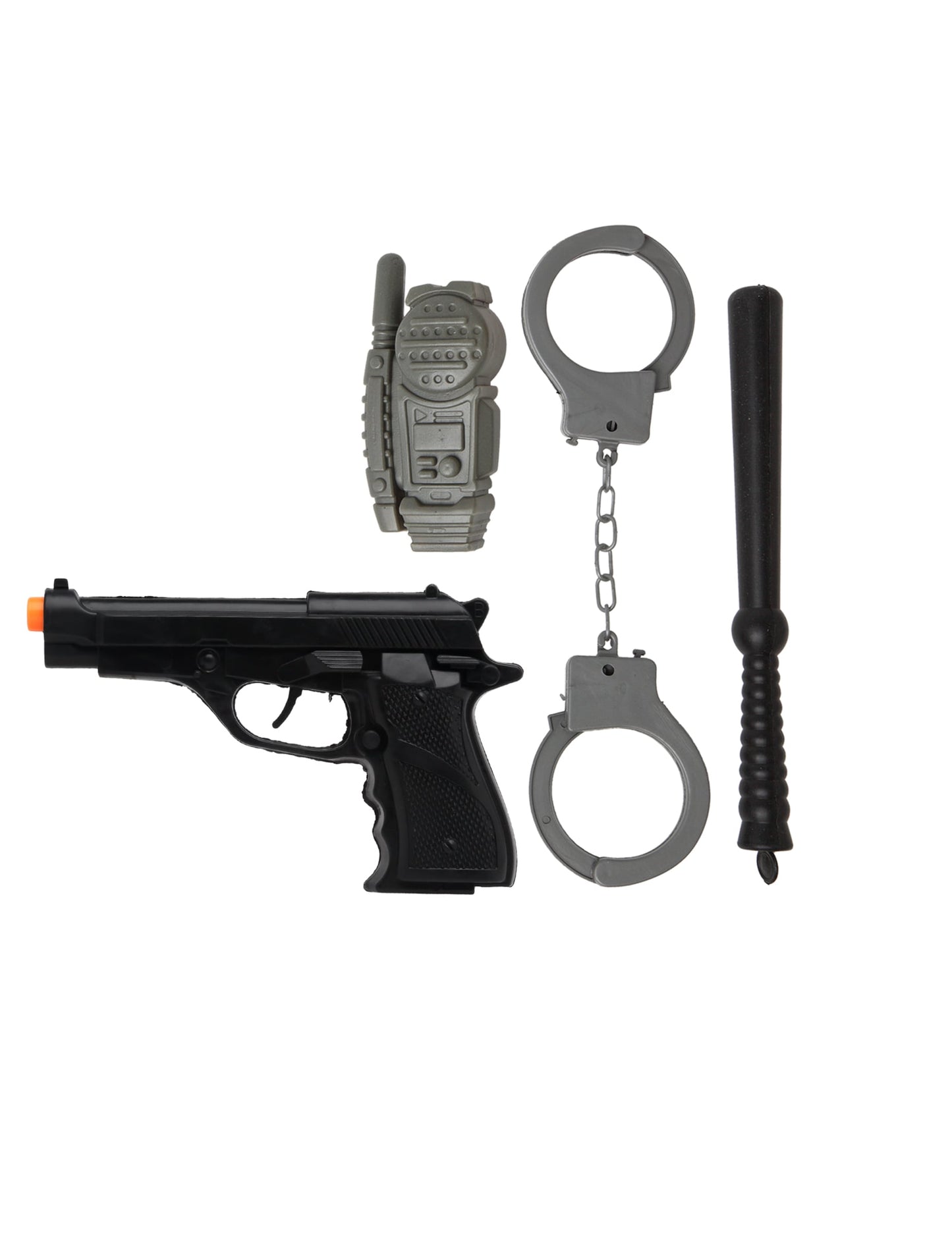 Détail du pistolet, talkie-walkie, menottes et matraque du kit d'accessoires de policier