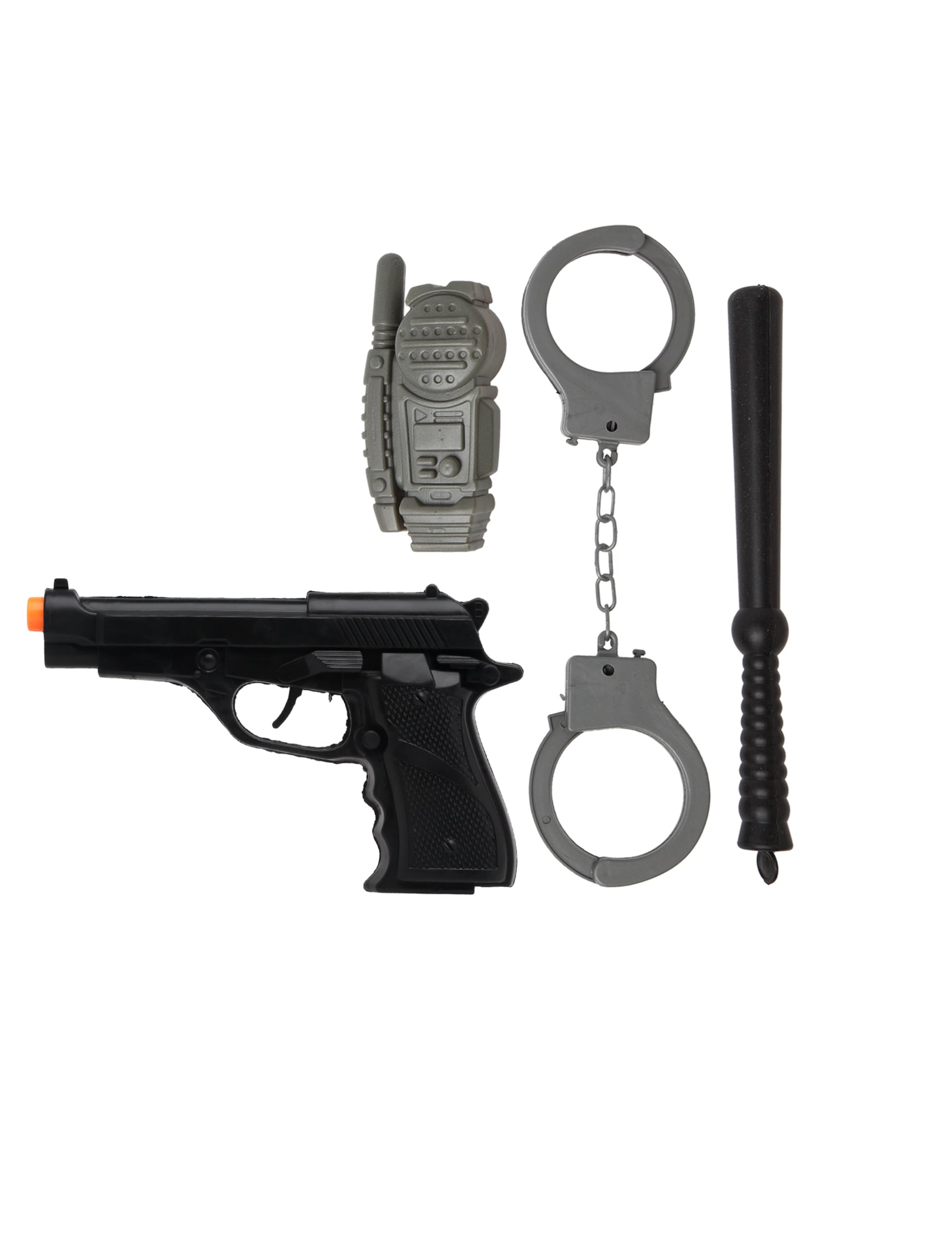 Détail du pistolet, talkie-walkie, menottes et matraque du kit d'accessoires de policier