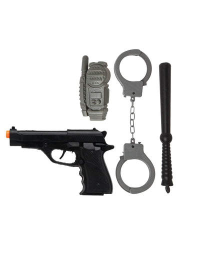 Détail du pistolet, talkie-walkie, menottes et matraque du kit d'accessoires de policier
